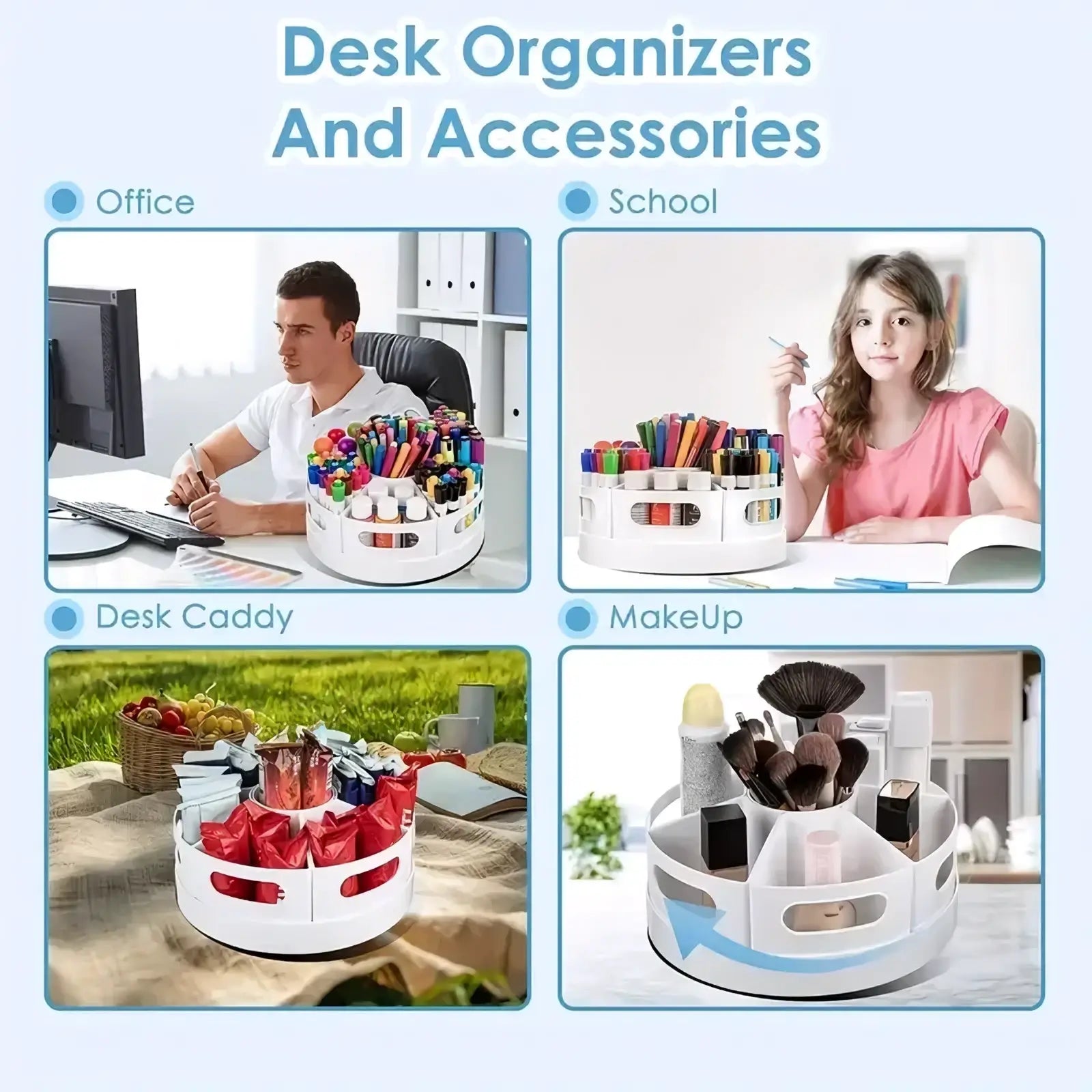 White rotating desk organizer with seven compartments and handle cutouts for stationery storage and easy access