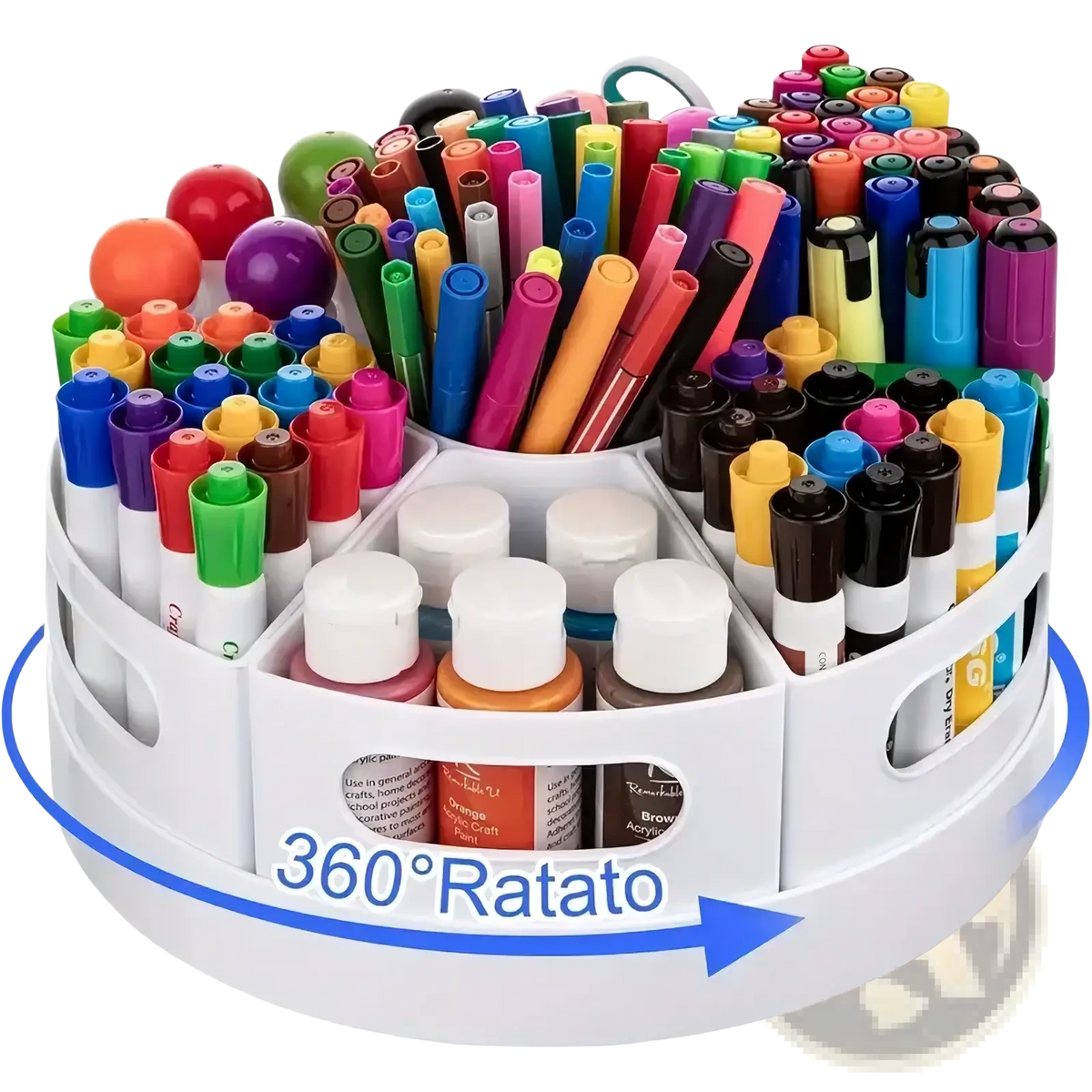 Rotating desk organizer white plastic 7 compartment stationery holder with 360-degree rotation holding markers and paint bottles