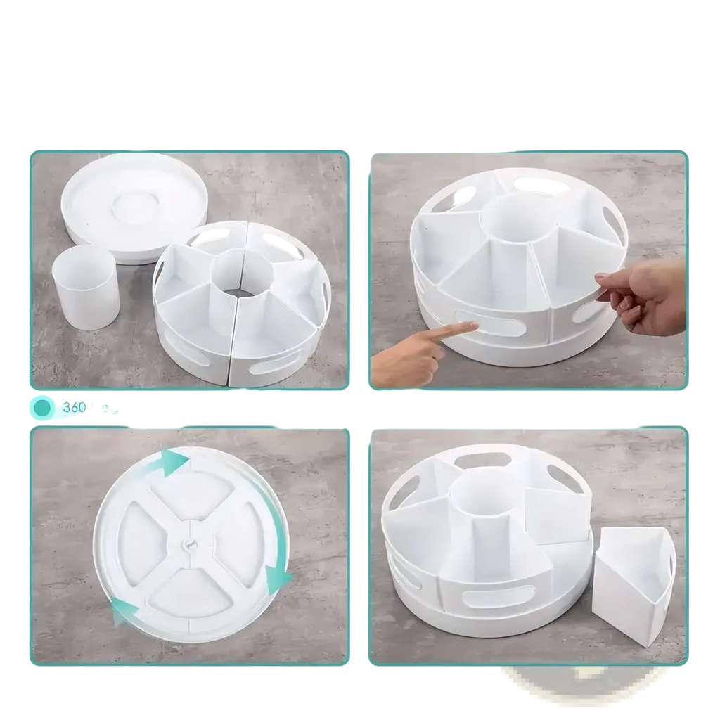 White plastic rotating desk organizer with nine 360-degree revolving compartments for kitchen spices or stationery