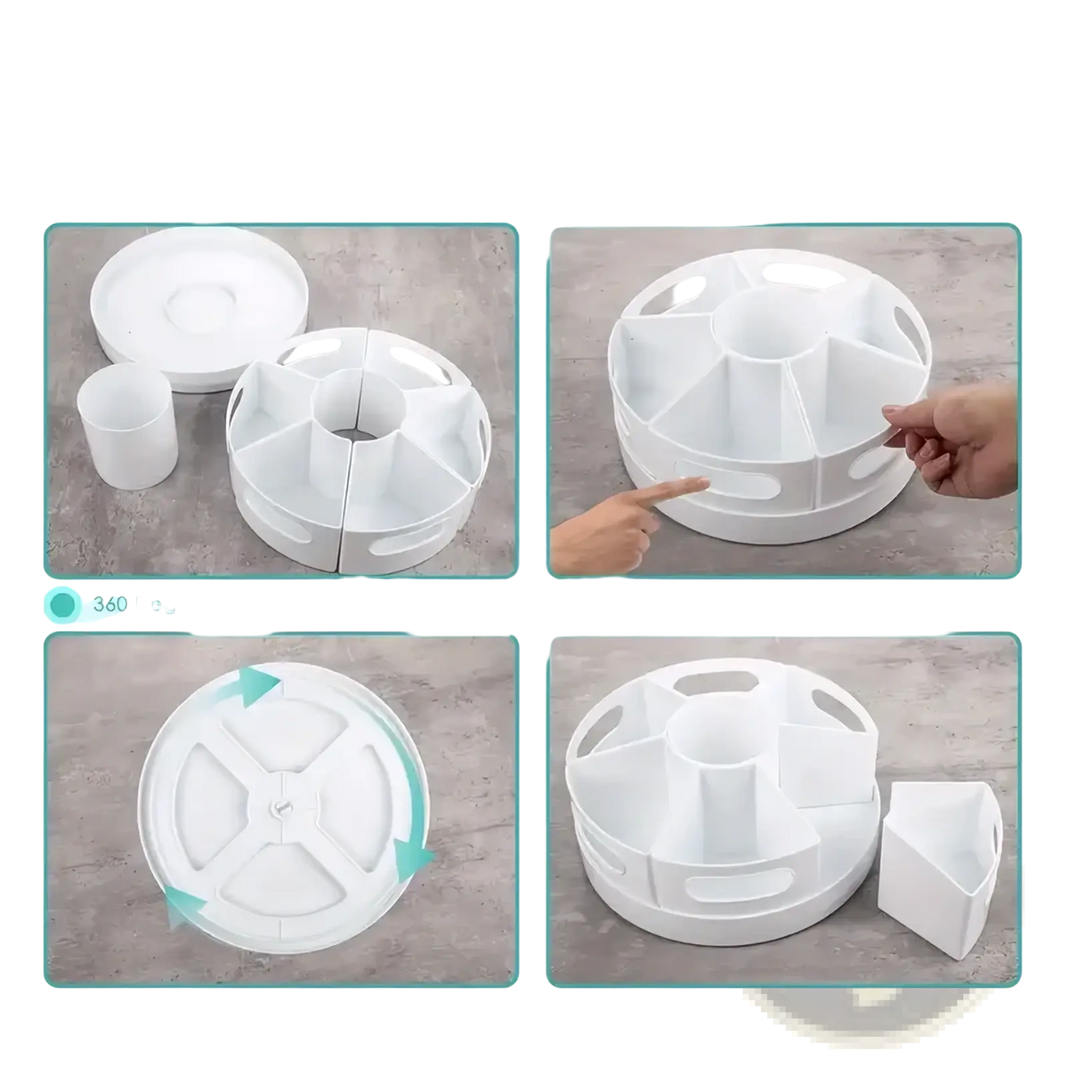 White plastic rotating desk organizer with nine 360-degree revolving compartments for kitchen spices or stationery