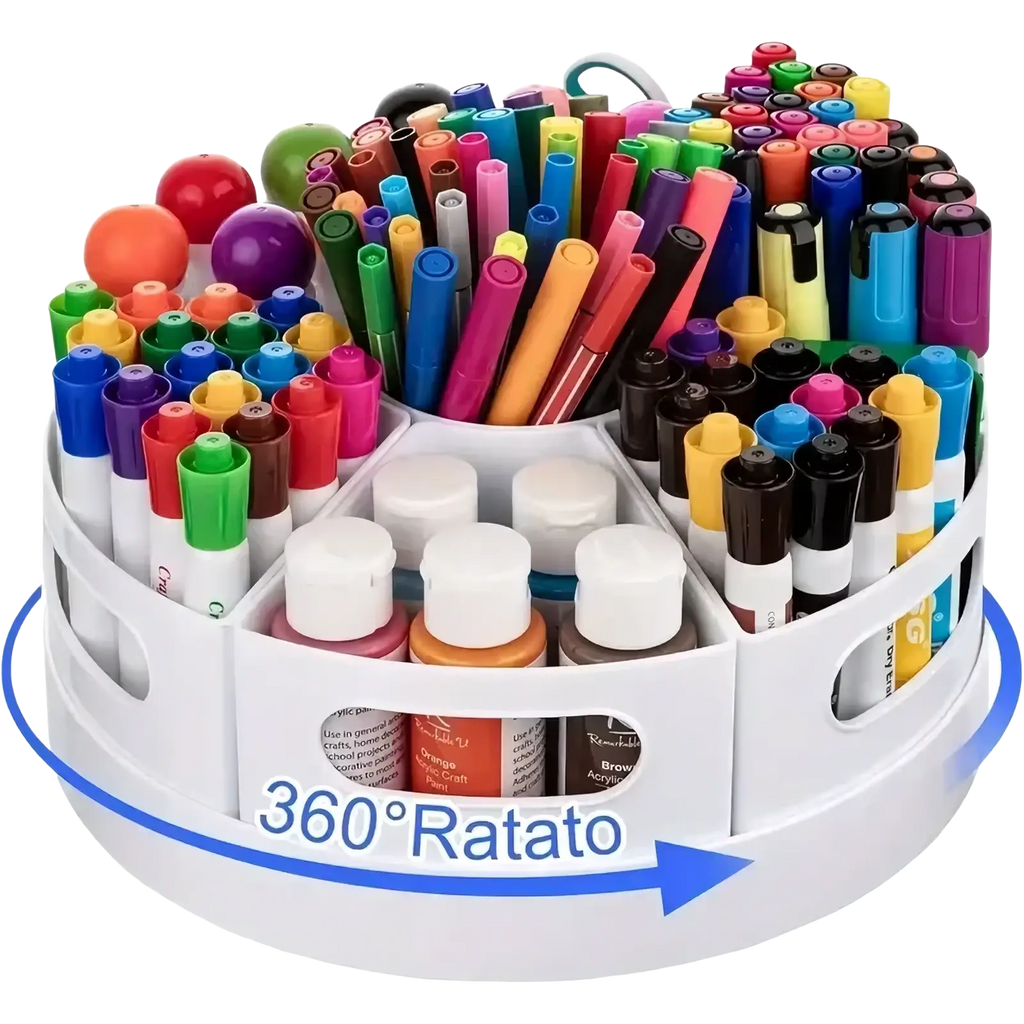 White plastic rotating desk organizer with 360-degree rotation holding colorful markers and paint bottles
