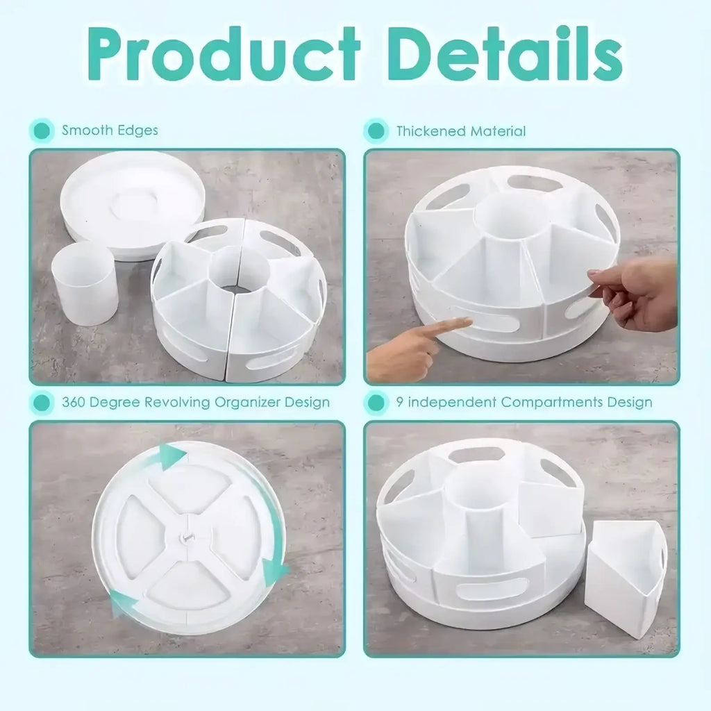 Rotating desk organizer white plastic pen holder with nine compartments and 360-degree revolving feature