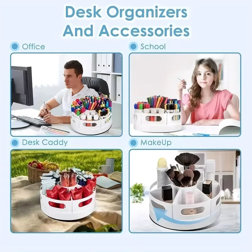 White circular plastic rotating desk organizer with multiple compartments and handle cutouts for pens and office supplies