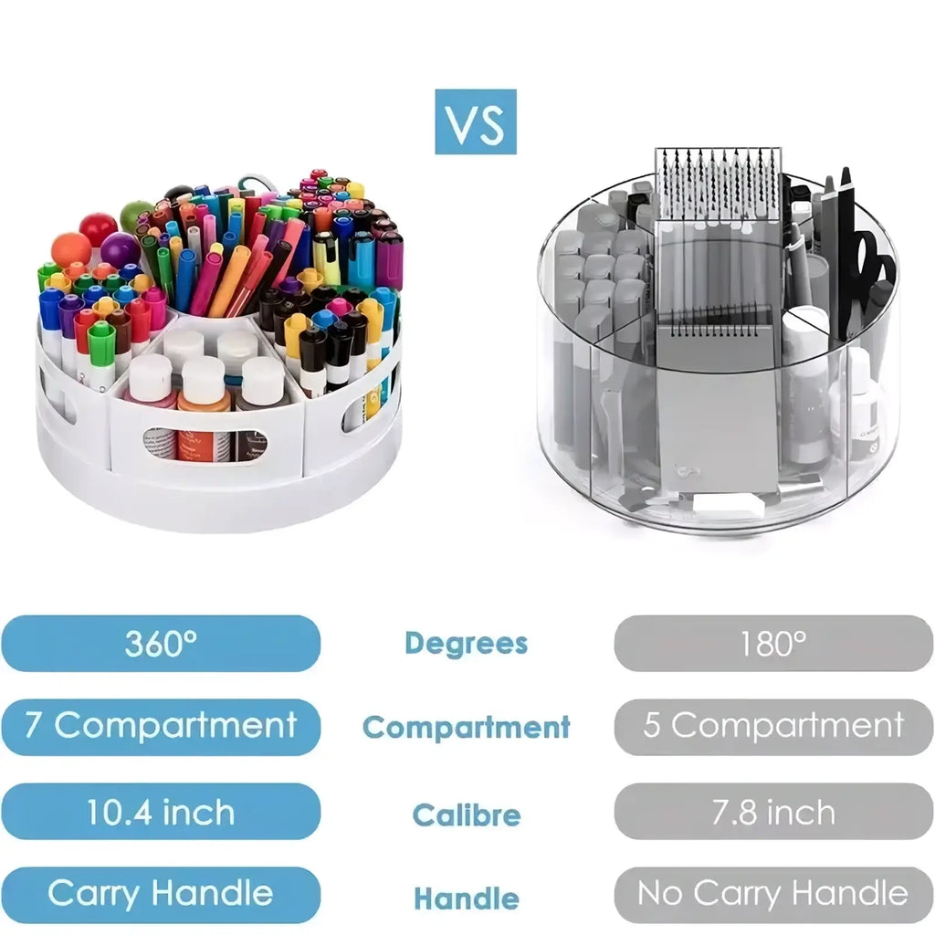 Rotating desk organizer white plastic pen holder with seven compartments and a carry handle for office storage