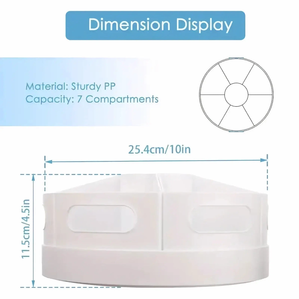 White sturdy pp round rotating desk organizer with seven compartments and plastic pen holder for office use