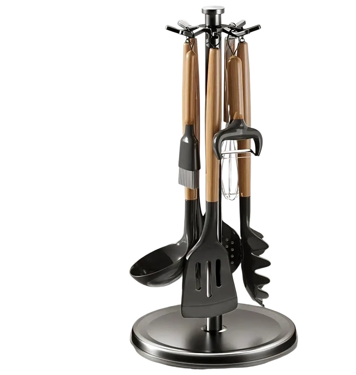 Rotating kitchen utensil holder with 8 hooks black and wood handled organizer with stainless steel base