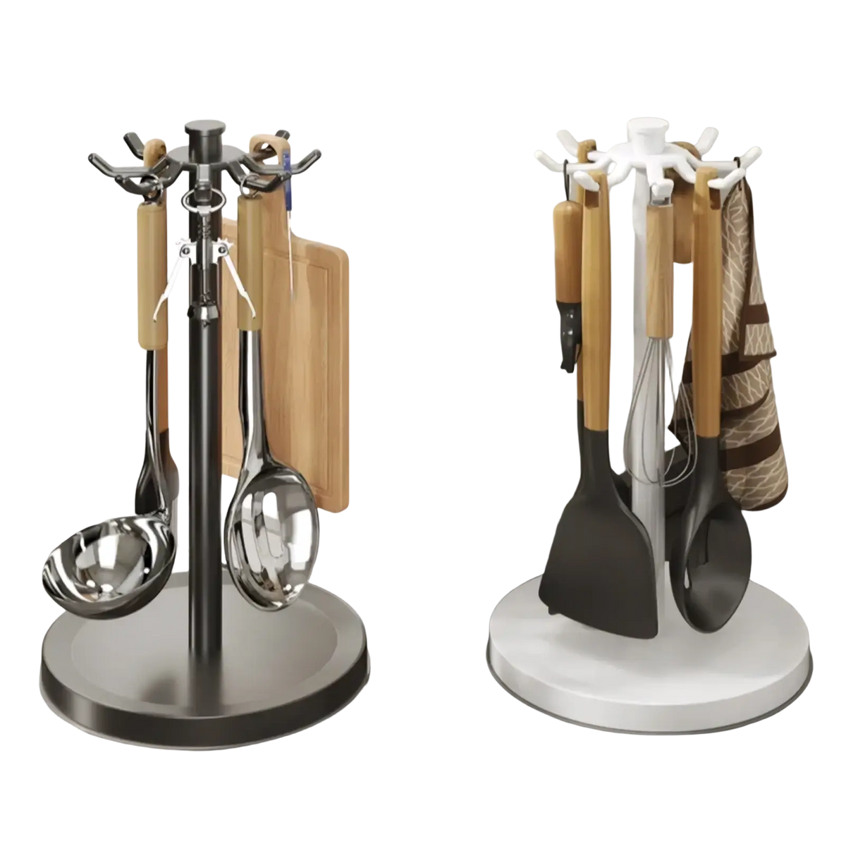 Rotating kitchen utensil holder with 8 hooks features a sleek black metal frame wooden handles with stainless steel and non-stick tools