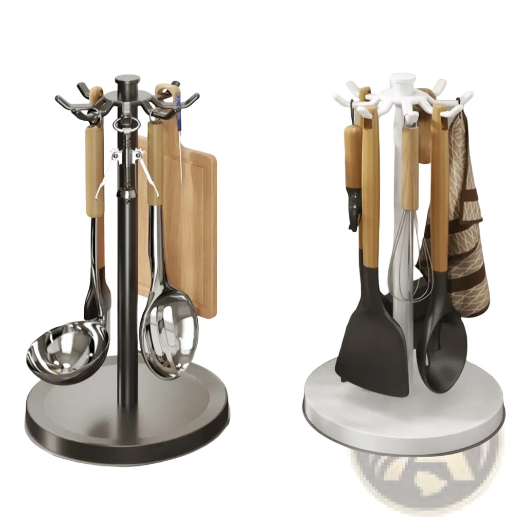 Rotating kitchen utensil holder with 8 hooks features a sleek black metal frame wooden handles with stainless steel and non-stick tools