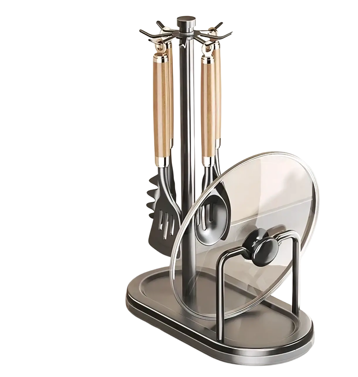 Rotating kitchen utensil holder with 8 hooks made of stainless steel with wooden handles and glass lid holder