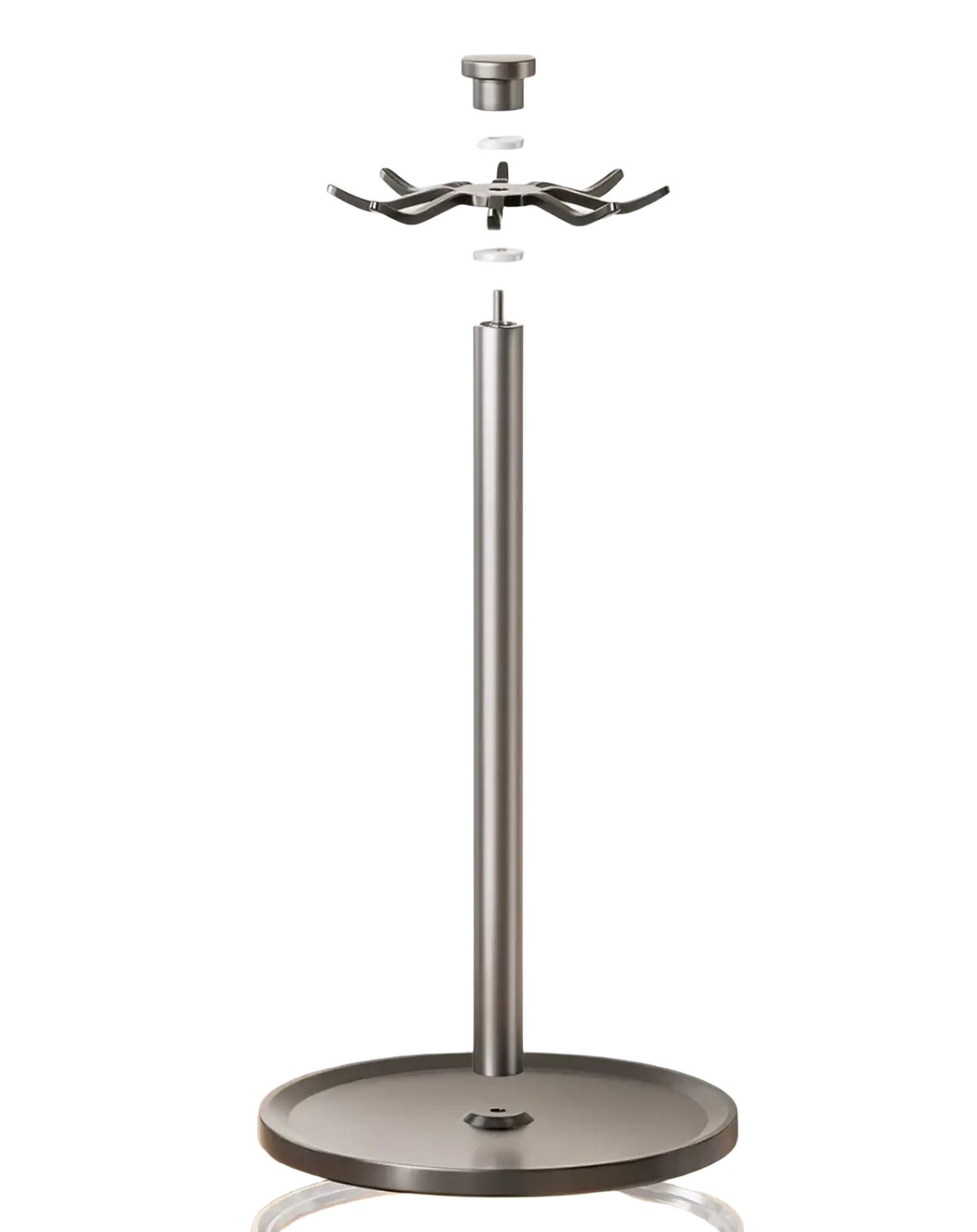Silver aluminum rotating kitchen utensil holder with 8 hooks and thickened carbon steel base for countertop use