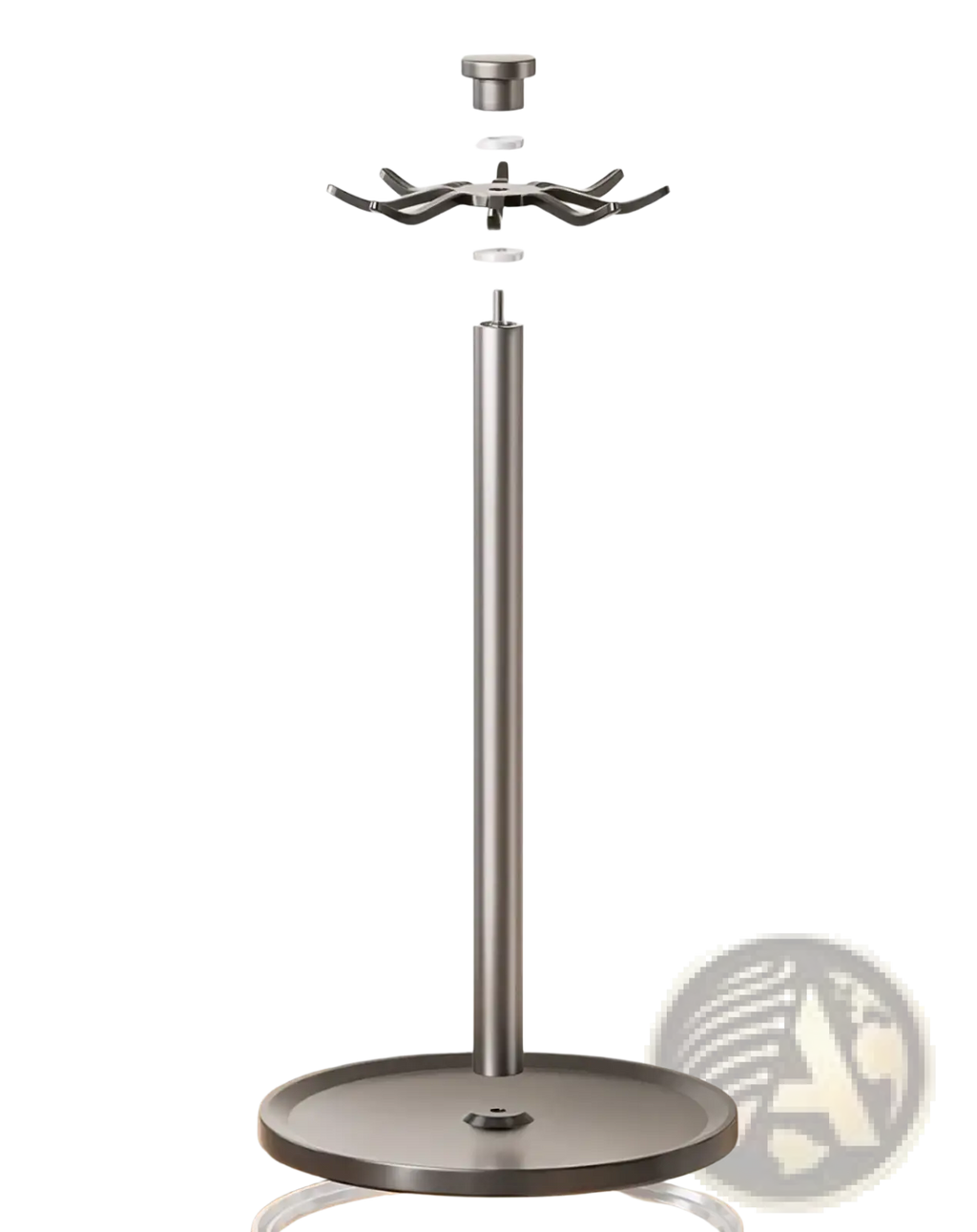 Silver aluminum rotating kitchen utensil holder with 8 hooks and thickened carbon steel base for countertop use