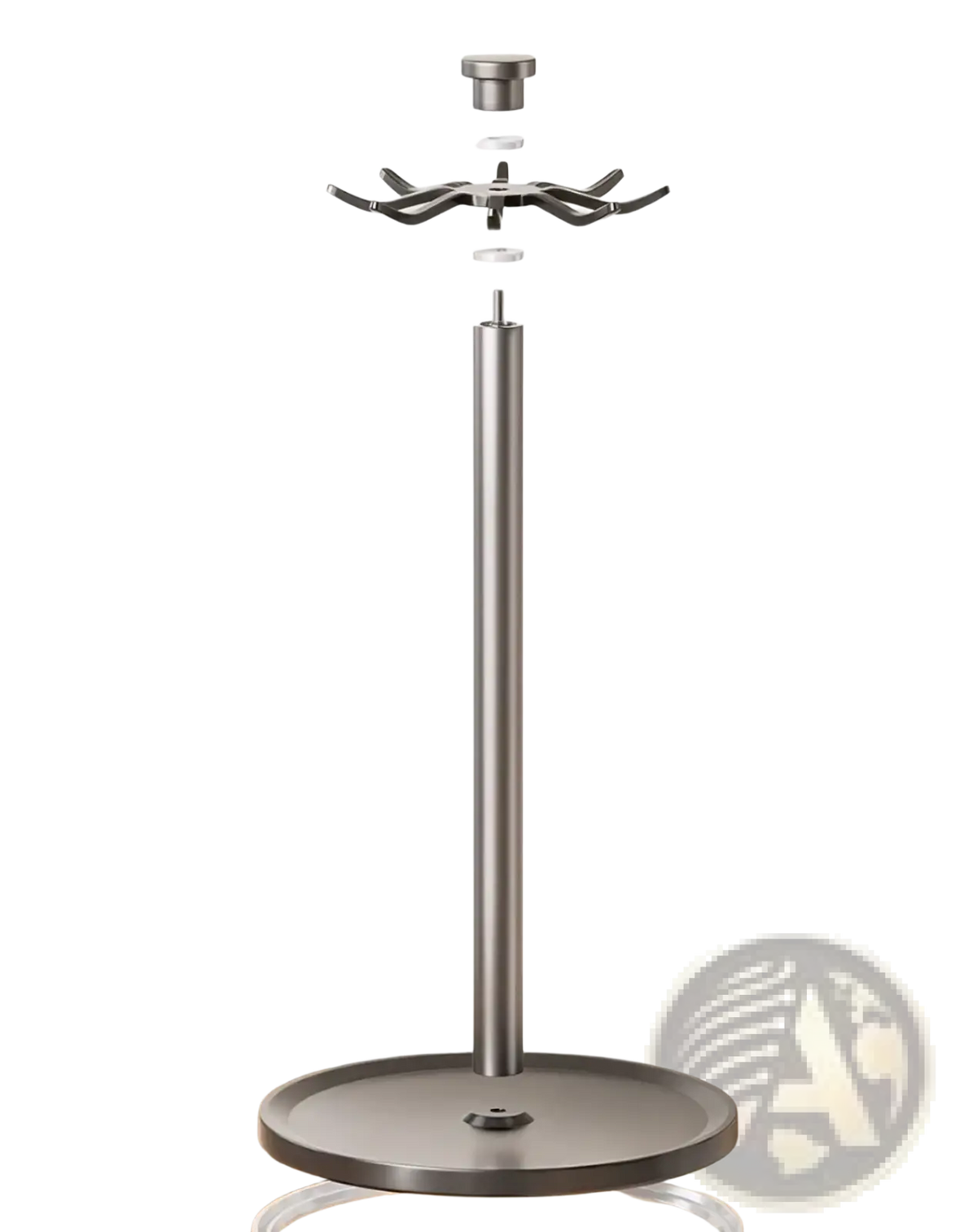 Silver aluminum rotating kitchen utensil holder with 8 hooks and thickened carbon steel base for countertop use