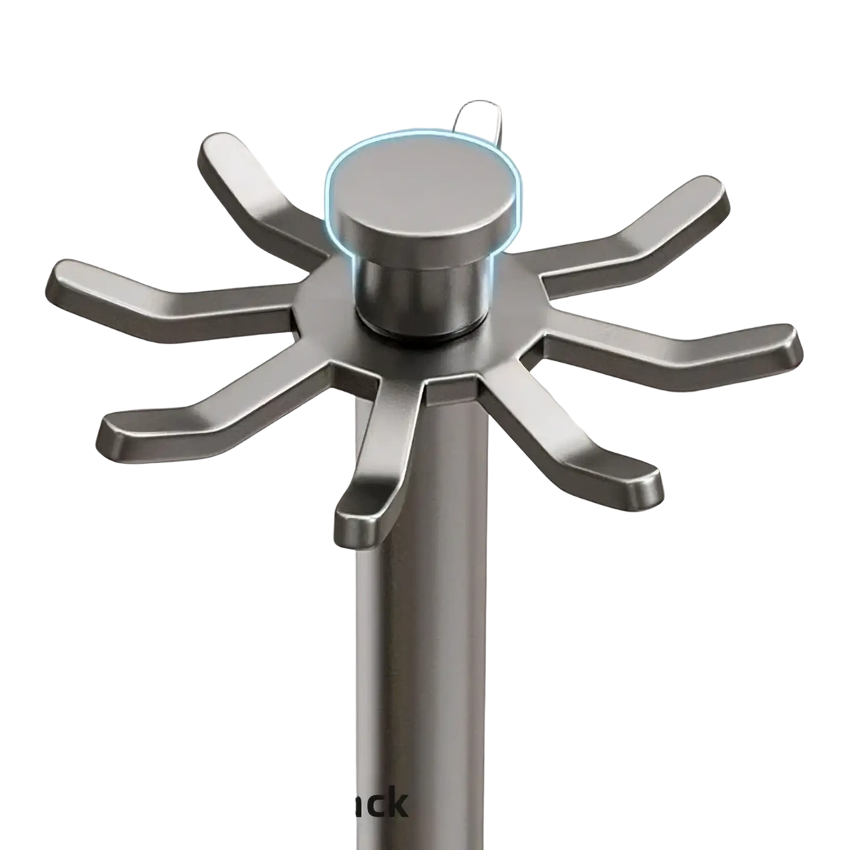 Silver metallic rotating kitchen utensil holder with starburst design central cylindrical base and eight hooks