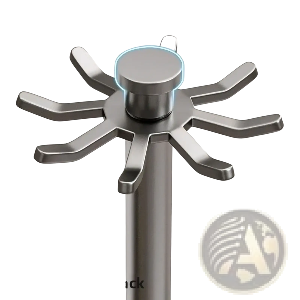 Silver metallic rotating kitchen utensil holder with starburst design central cylindrical base and eight hooks