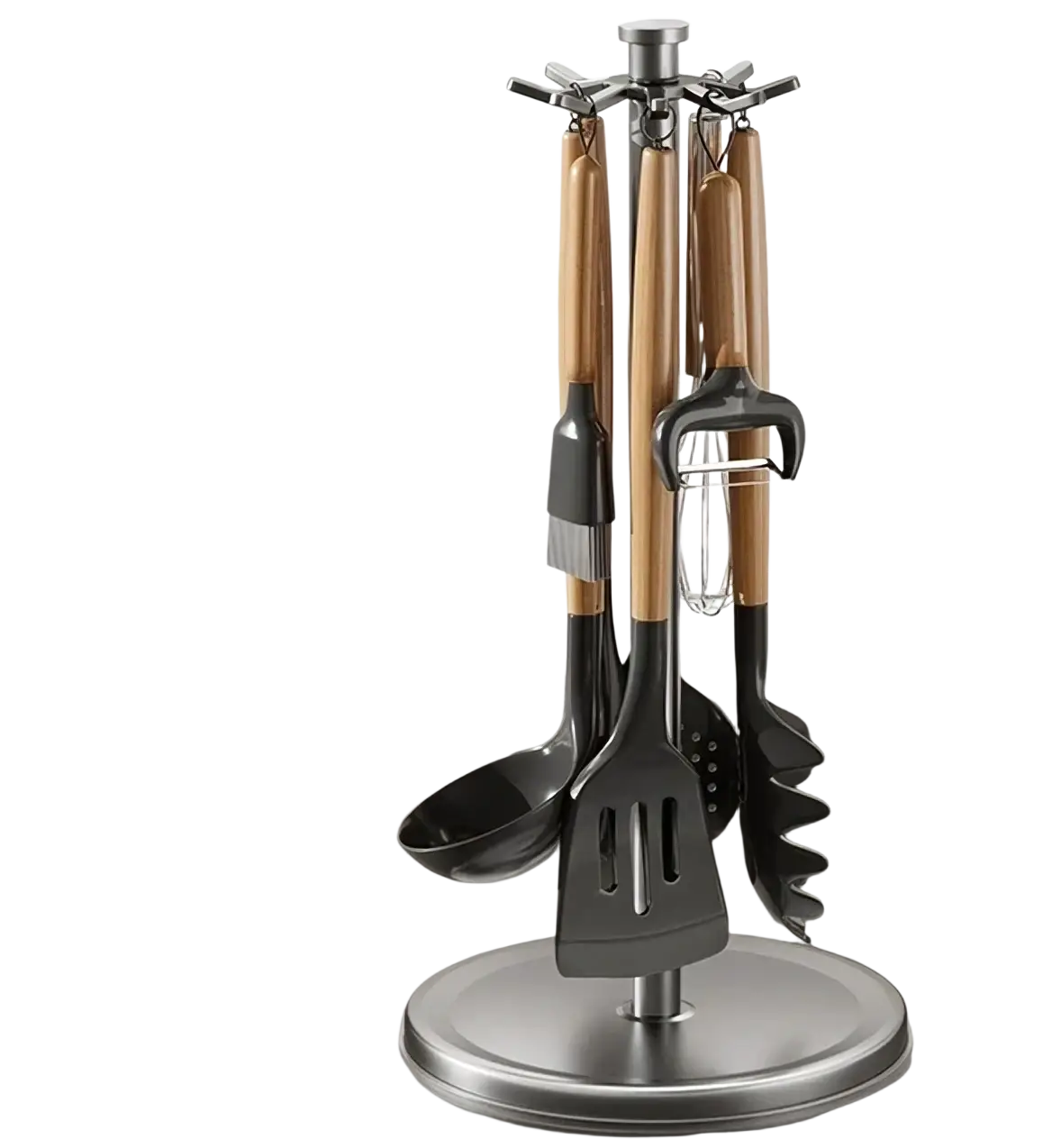 Rotating kitchen utensil holder with 8 hooks silver-toned metal stand and wooden handles holding black silicone tools