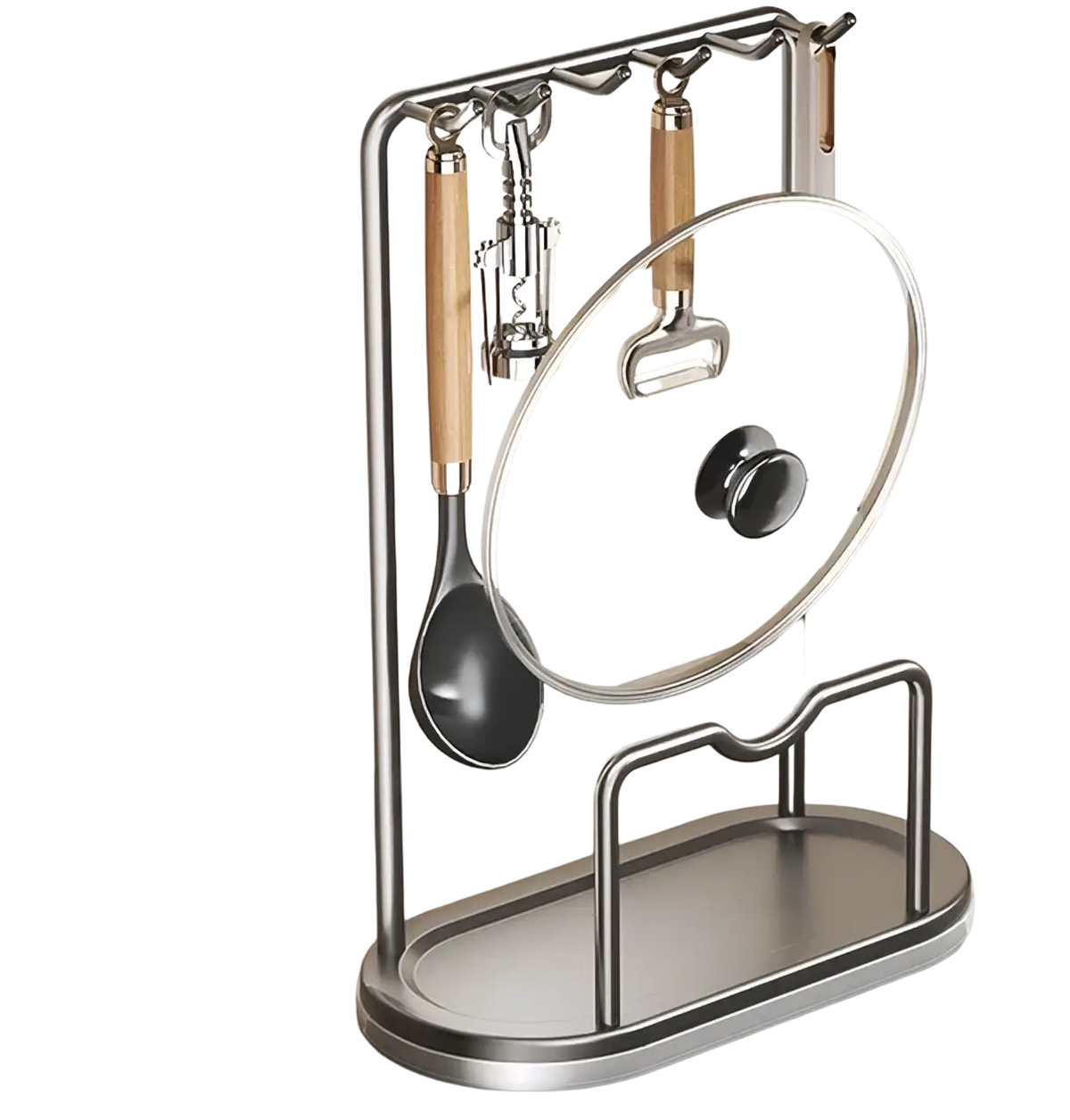 Rotating stainless steel kitchen utensil holder with 8 hooks wooden handles and clear glass lid holder
