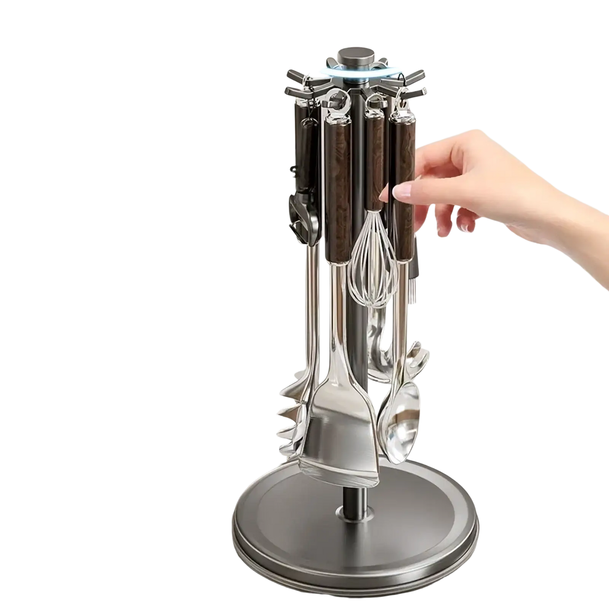 Rotating kitchen utensil holder with 8 hooks stainless steel and dark wood textured handles with 360 degree rotating base