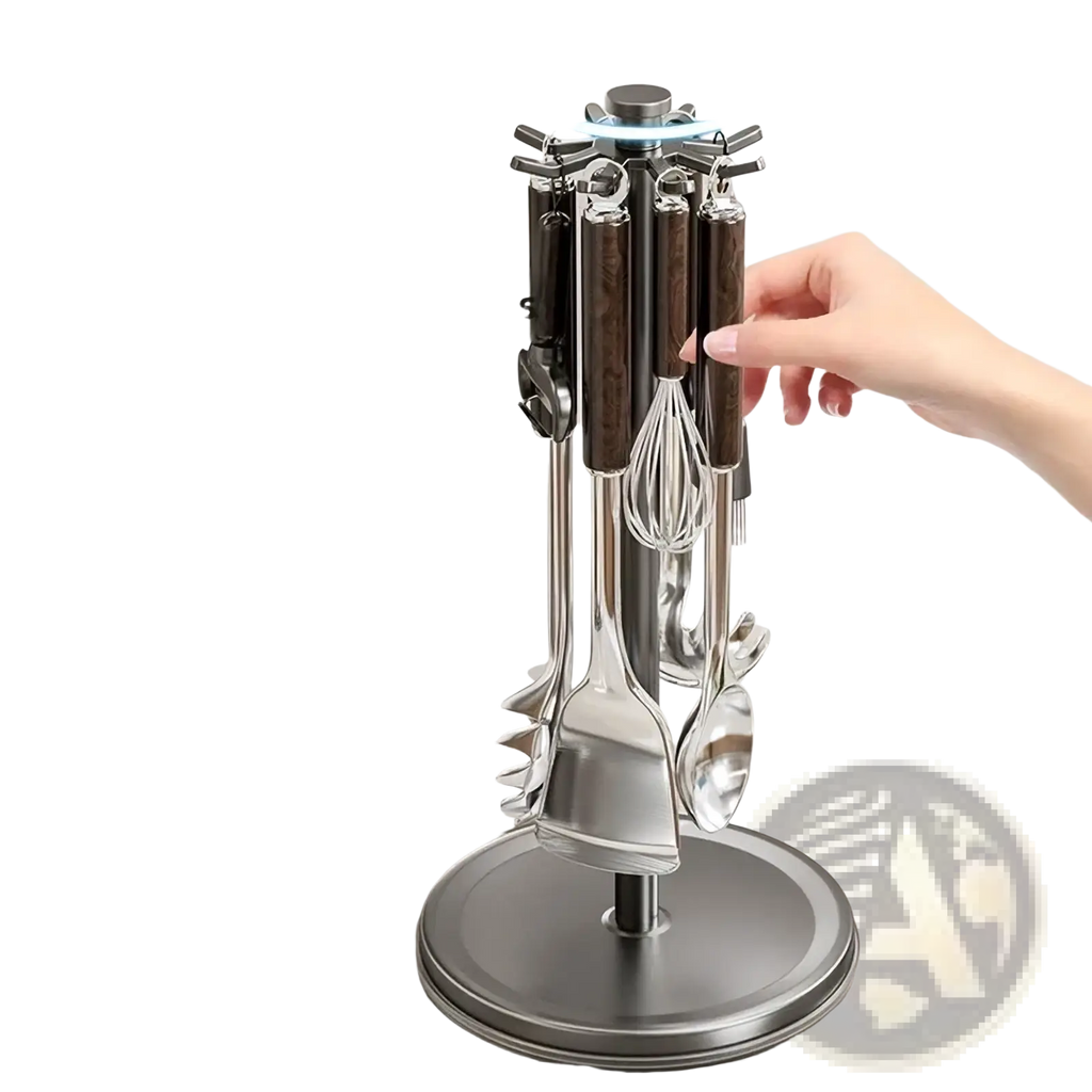 Rotating kitchen utensil holder with 8 hooks stainless steel and dark wood textured handles with 360 degree rotating base