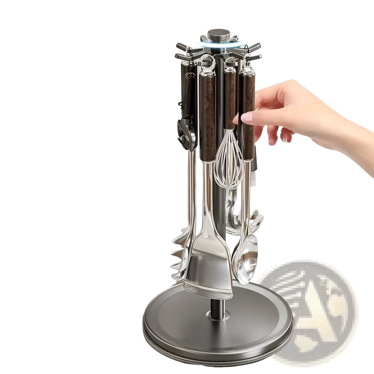 Rotating kitchen utensil holder with 8 hooks stainless steel and dark wood textured handles with 360 degree rotating base