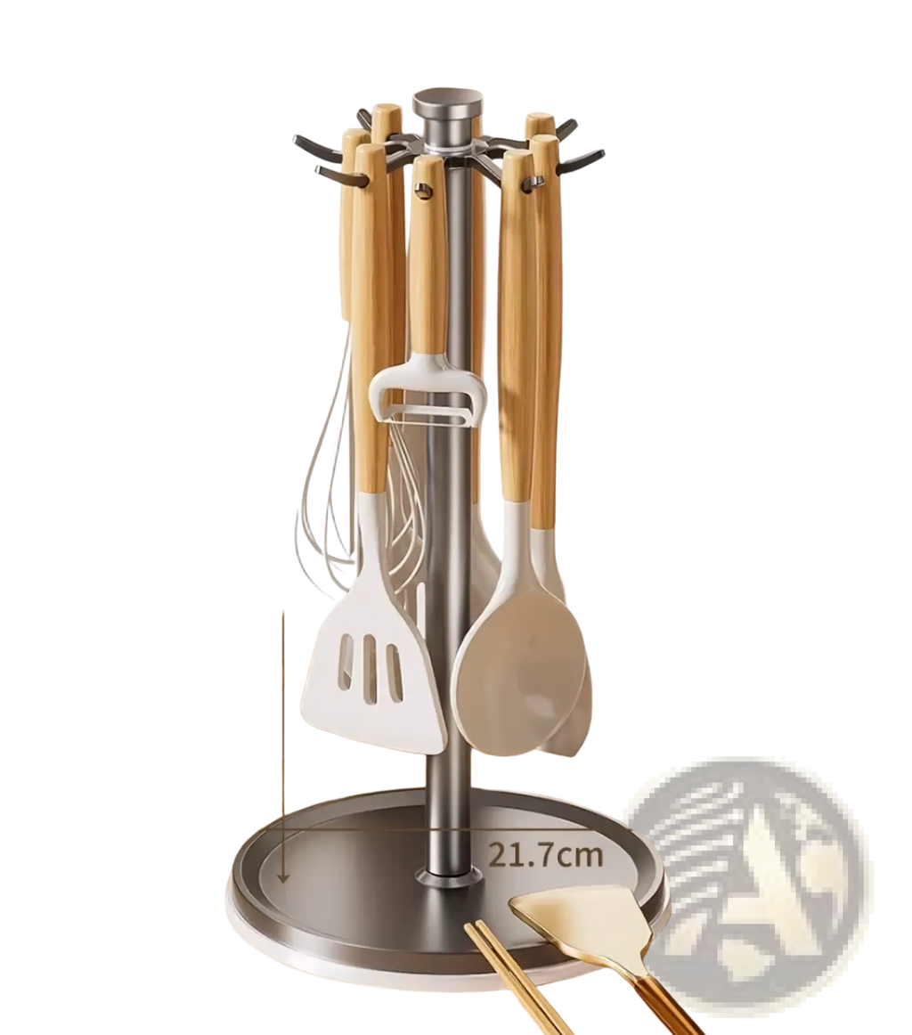 Rotating kitchen utensil holder with 8 hooks stainless steel stand wooden handles white silicone coated tools
