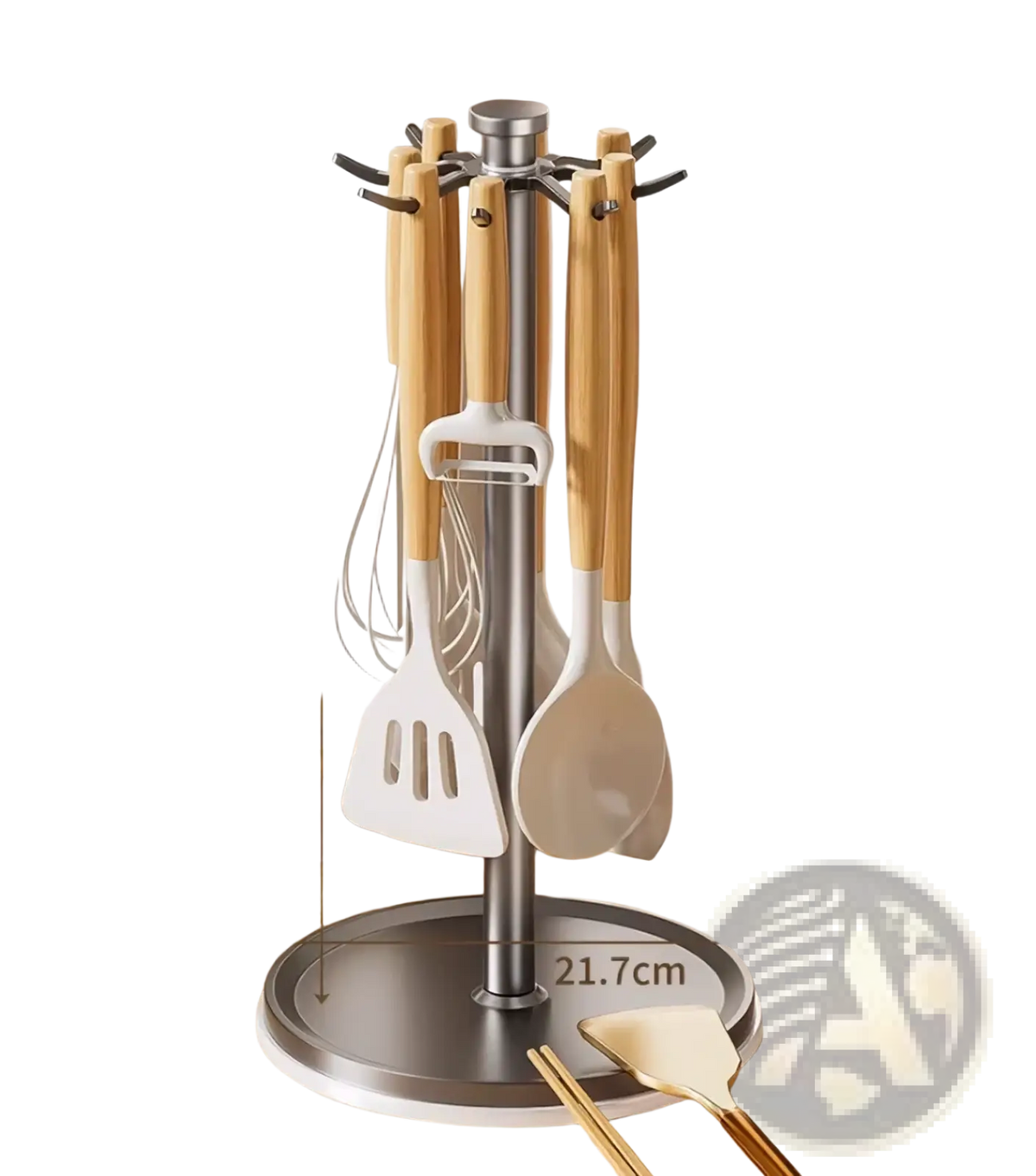 Rotating kitchen utensil holder with 8 hooks stainless steel stand wooden handles white silicone coated tools