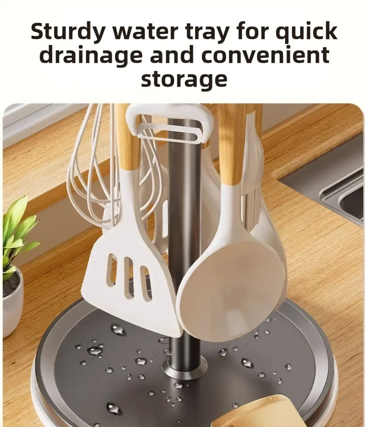 Rotating kitchen utensil holder with 8 hooks featuring a sturdy round white plastic stand and a metallic central pole