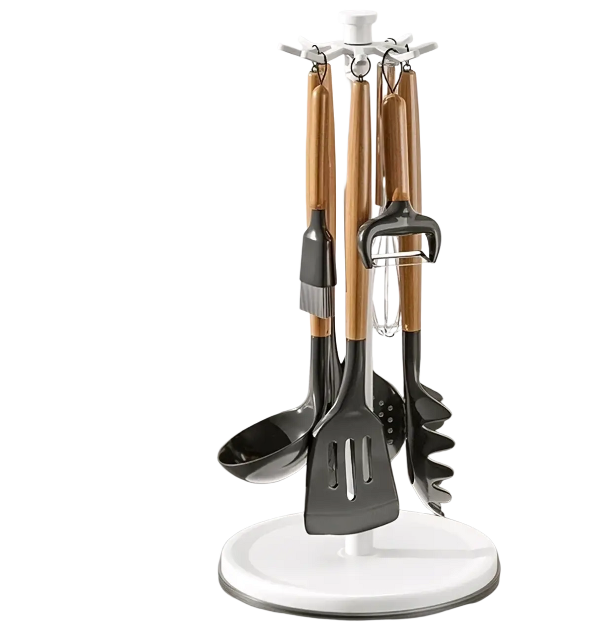 Rotating kitchen utensil holder with white circular base and central rod holding four wooden-handled utensils