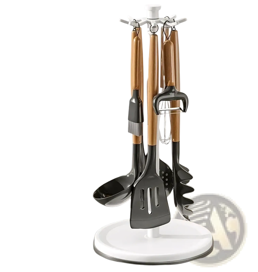 Rotating kitchen utensil holder with white circular base and central rod holding four wooden-handled utensils