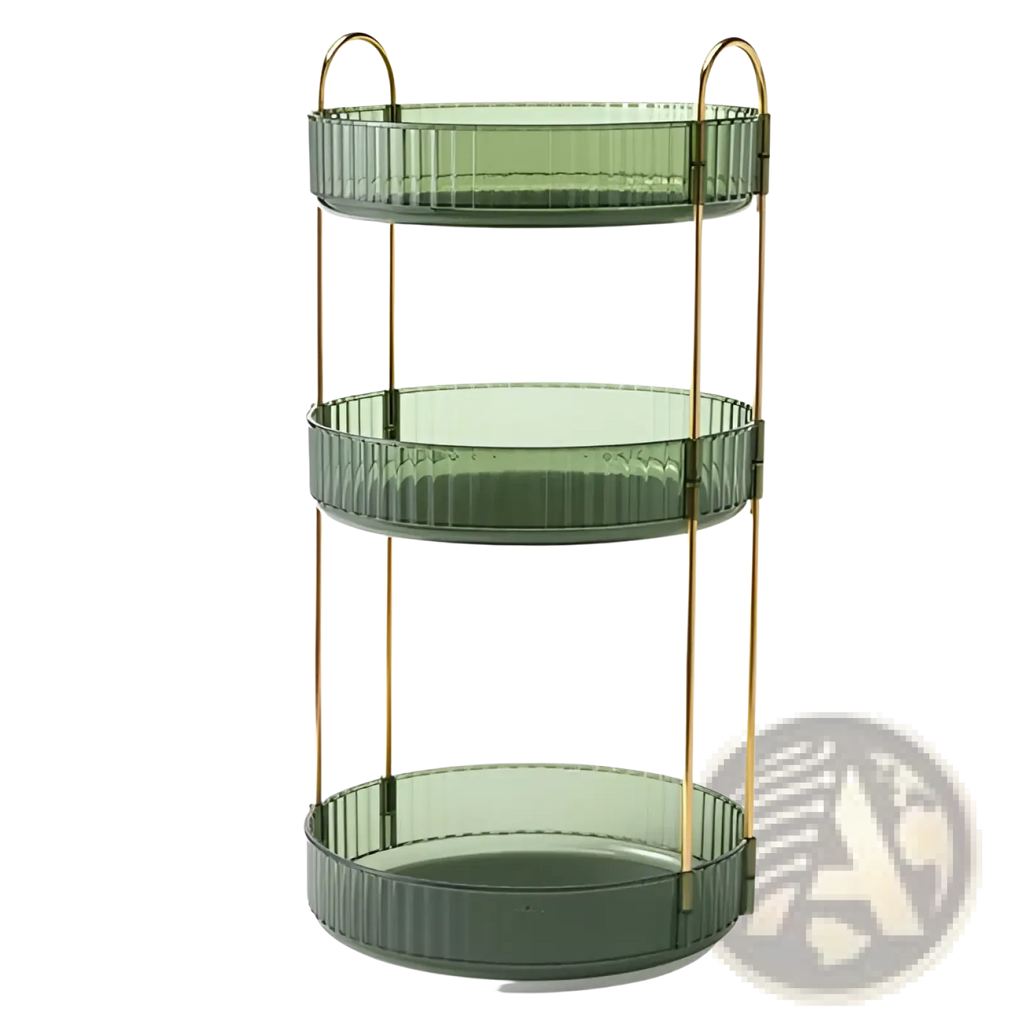 Rotating makeup organizer with three-tiered green glass shelves and gold-tone metal frame with handles