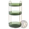Rotating makeup organizer with three-tiered green glass shelves and gold-tone metal frame with handles