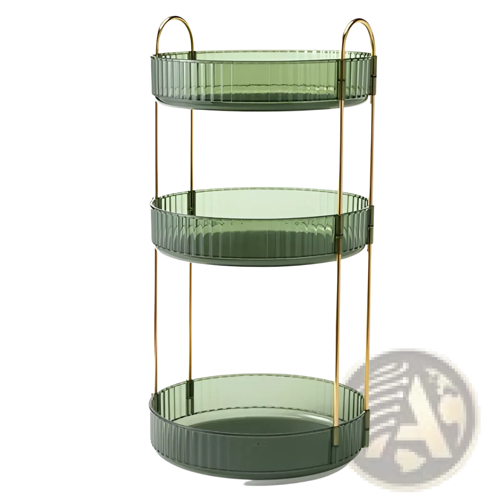 Rotating makeup organizer with three-tiered green glass shelves and gold-tone metal frame with handles