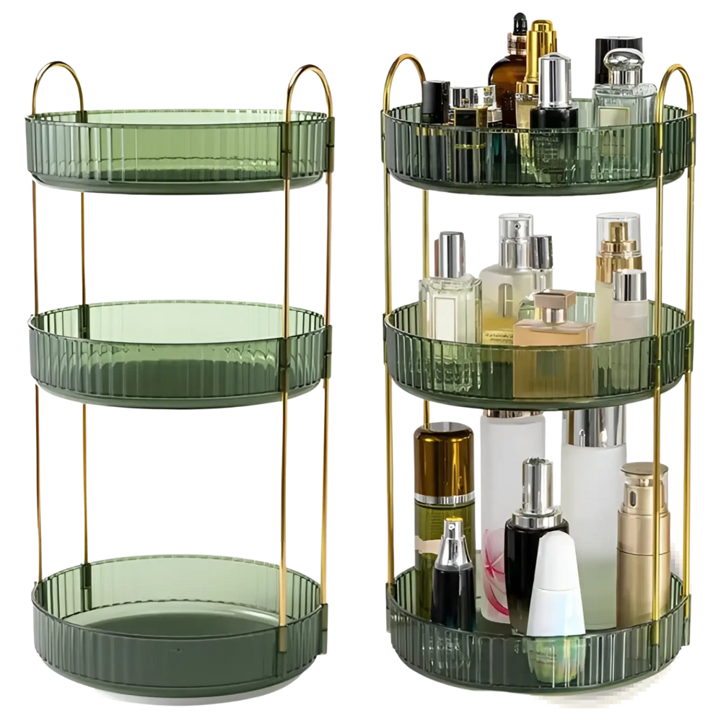 Green three-tier rotating makeup organizer with gold metal frame and ribbed edges for cosmetics storage