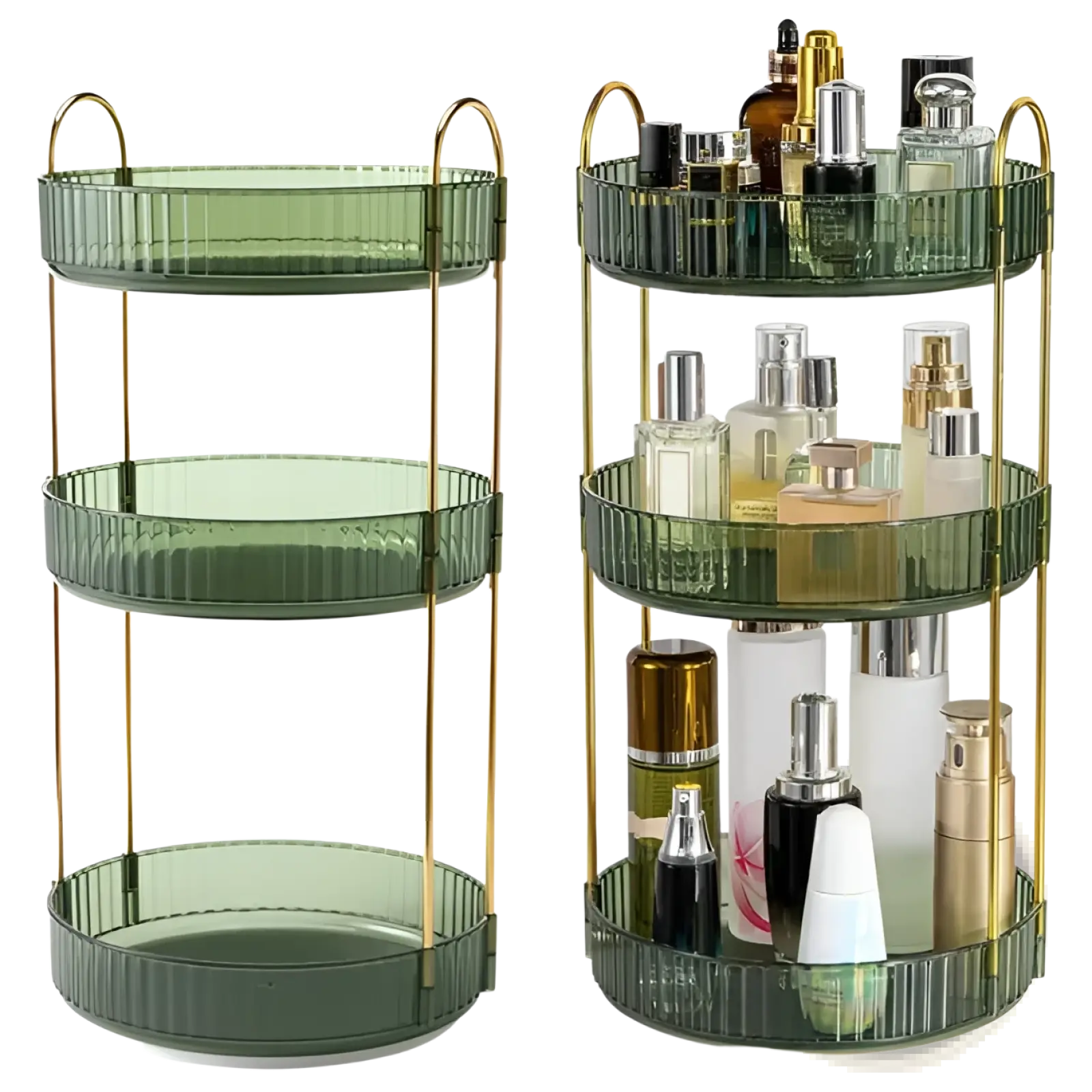 Green three-tier rotating makeup organizer with gold metal frame and ribbed edges for cosmetics storage