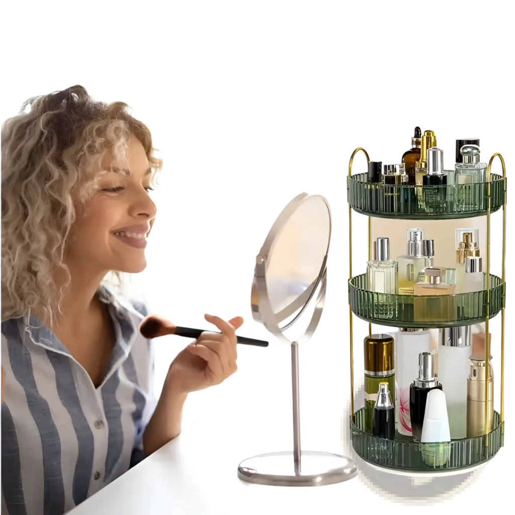 Green three-tiered rotating makeup organizer with gold-toned metal frame and ribbed glass shelves for cosmetics storage