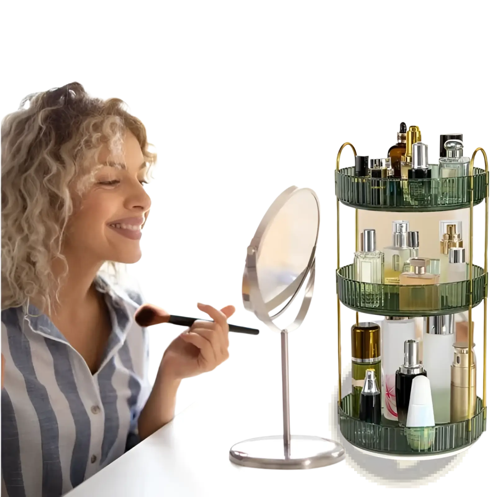 Green three-tiered rotating makeup organizer with gold-toned metal frame and ribbed glass shelves for cosmetics storage