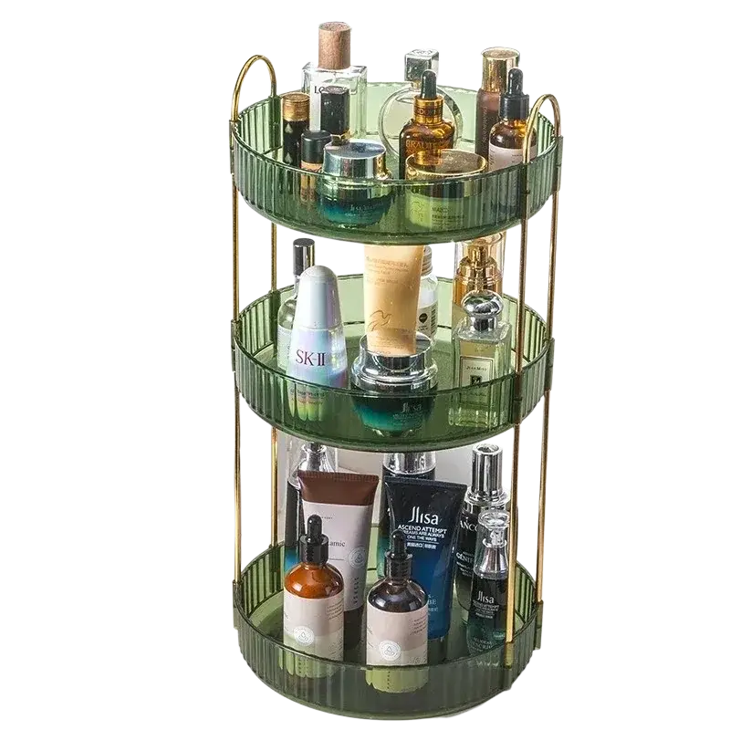 Green translucent rotating makeup organizer with three tiers large storage and gold metal rod frame for bathroom use