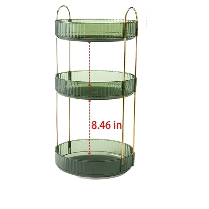Olive green translucent plastic rotating makeup organizer with 3 tier large storage and gold metal rod frame and handles