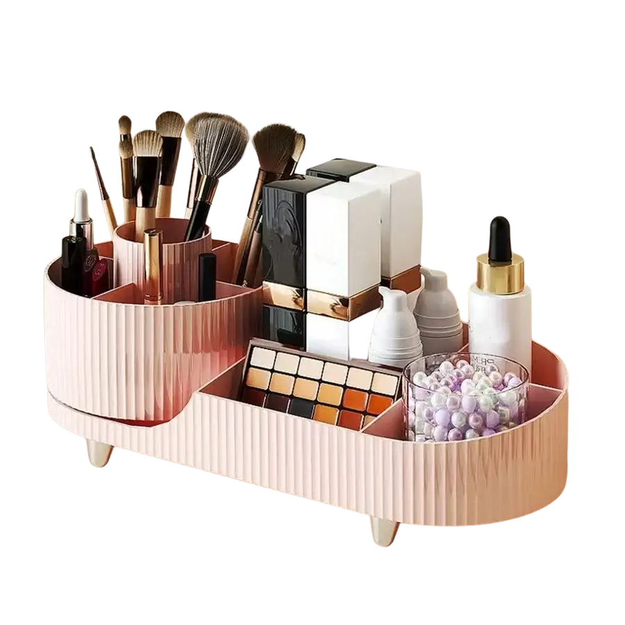 Pink ribbed plastic rotating makeup organizer storage box with multiple compartments for brushes and palettes