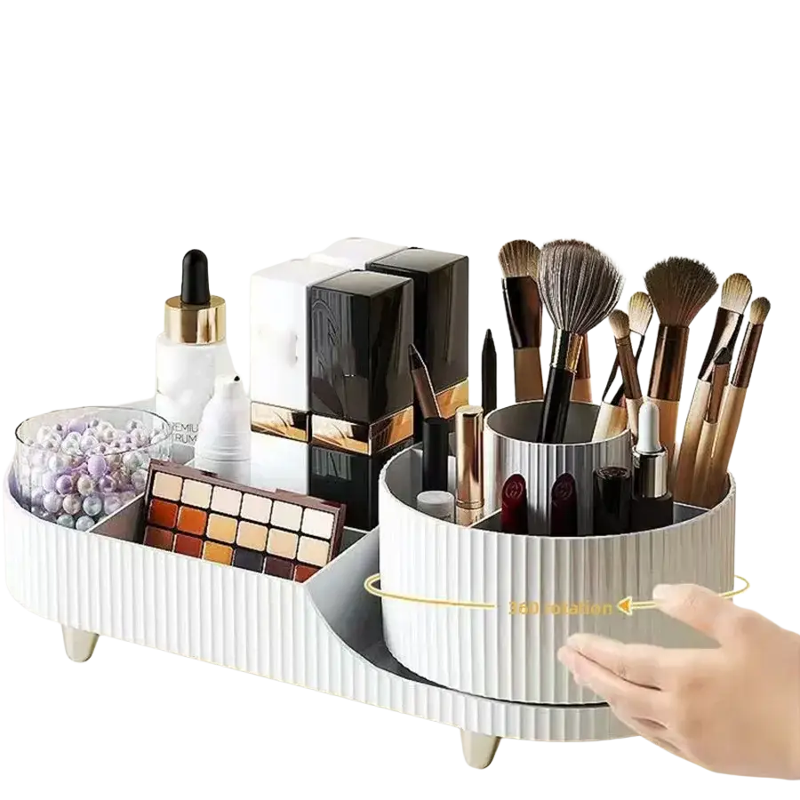 White ribbed rotating makeup organizer cosmetic display case with multiple compartments for brushes and lipsticks storage box modern style