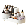 White ribbed plastic rotating makeup organizer cosmetic display case with multiple compartments for brushes and palettes storage box modern style