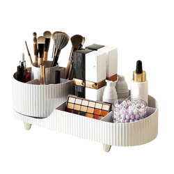 White ribbed plastic rotating makeup organizer cosmetic display case with multiple compartments for brushes and palettes storage box modern style
