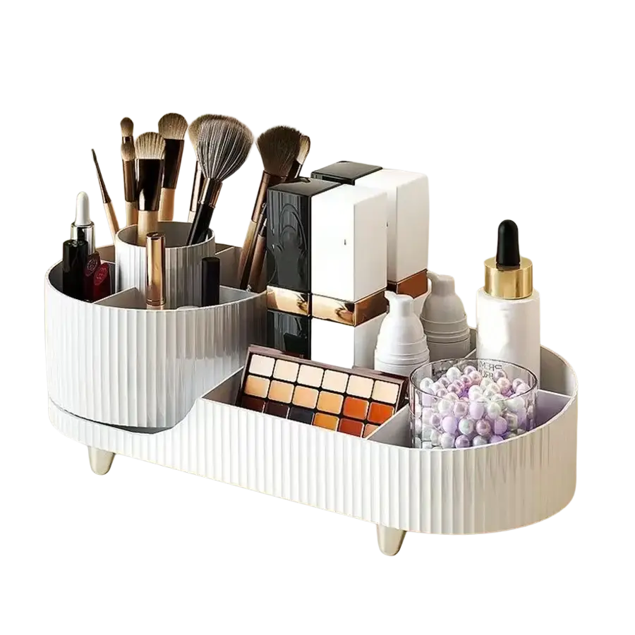 White ribbed plastic rotating makeup organizer cosmetic display case with multiple compartments for brushes and palettes storage box modern style