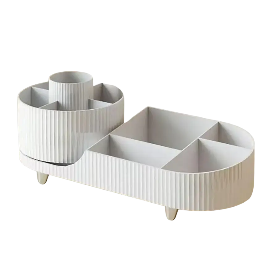 White ribbed plastic rotating makeup organizer with segmented compartments and small legs modern style cosmetic display case storage box
