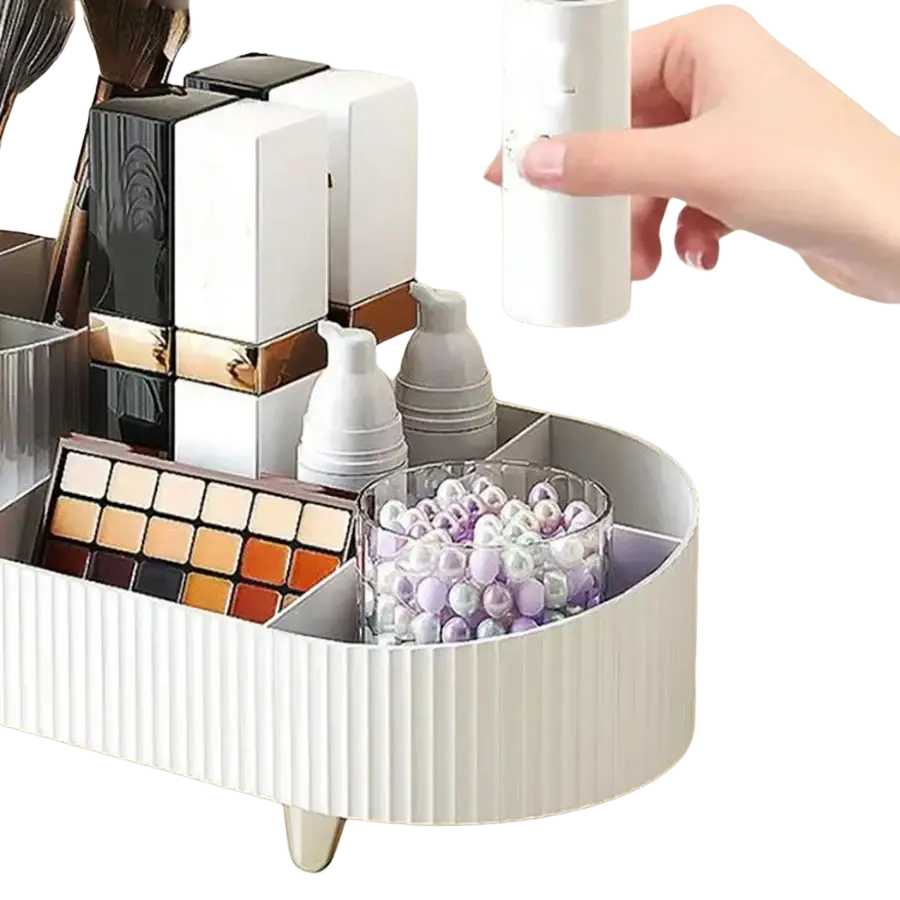 White ribbed plastic rotating makeup organizer cosmetic display case with multiple compartments and modern style storage box