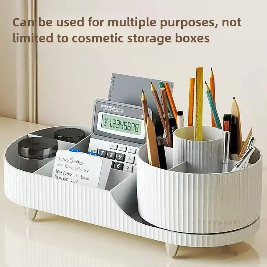 White ribbed plastic rotating makeup organizer with curved multi-compartment design for modern style cosmetic display case storage box