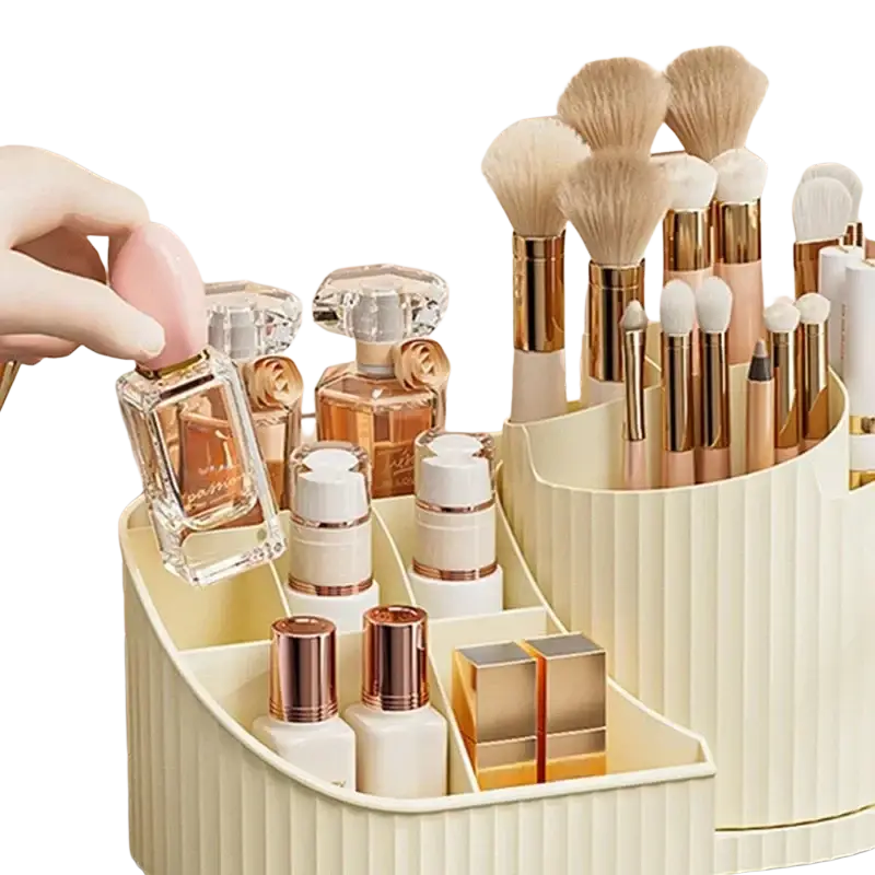 Cream-colored ribbed plastic rotating makeup organizer holding brushes, perfume bottles, and cosmetics with large capacity