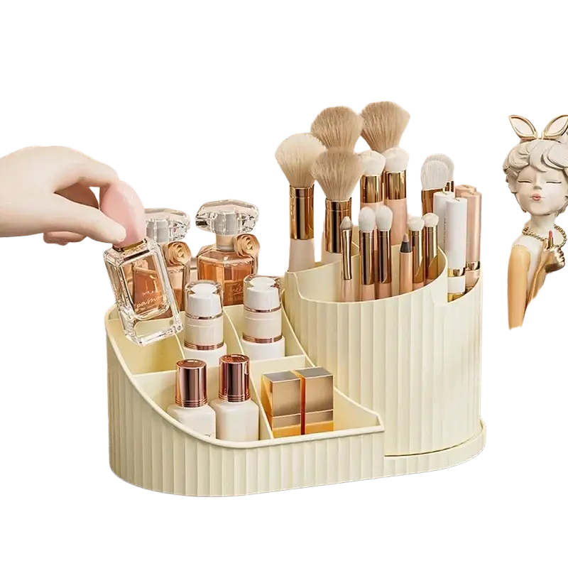 Cream-colored ribbed plastic rotating makeup organizer with multiple compartments holding brushes and cosmetics