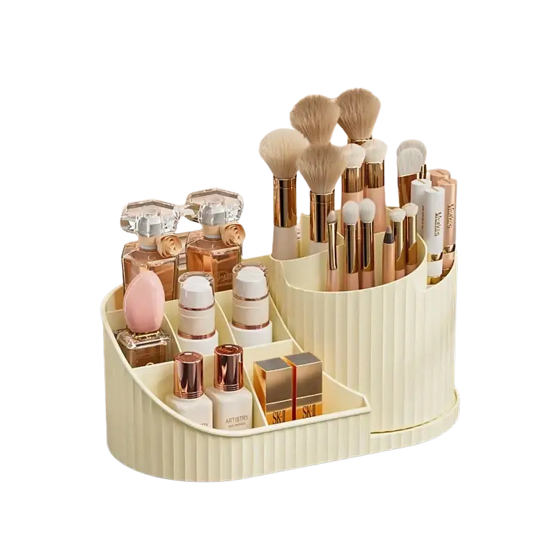 Cream-colored ribbed plastic rotating makeup organizer with large capacity compartments holding brushes and beauty products