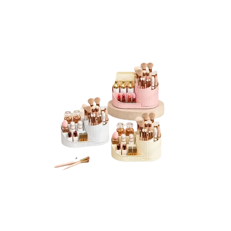 Pastel-colored ribbed plastic rotating makeup organizer with rose gold accents large capacity cosmetic holder