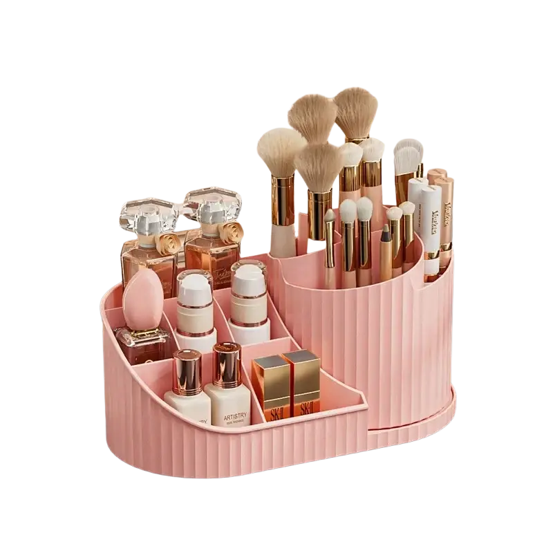 Pink plastic rotating makeup organizer with ribbed texture and multiple compartments for large capacity cosmetic storage